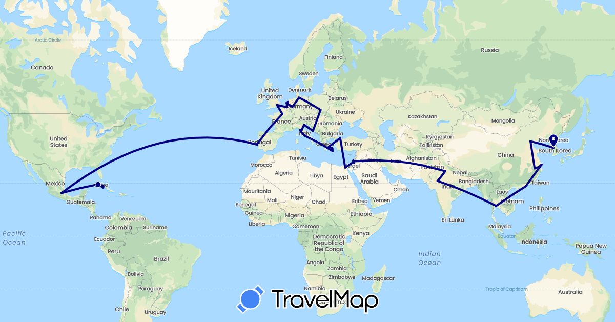 TravelMap itinerary: driving in Belgium, China, Cuba, Germany, Egypt, France, United Kingdom, Greece, Croatia, Israel, India, Italy, South Korea, Mexico, Netherlands, Poland, Portugal, Thailand, Turkey (Africa, Asia, Europe, North America)